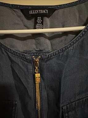 Ellen Tracy Navy Denim Zip-Front Top with Gold Tassel
